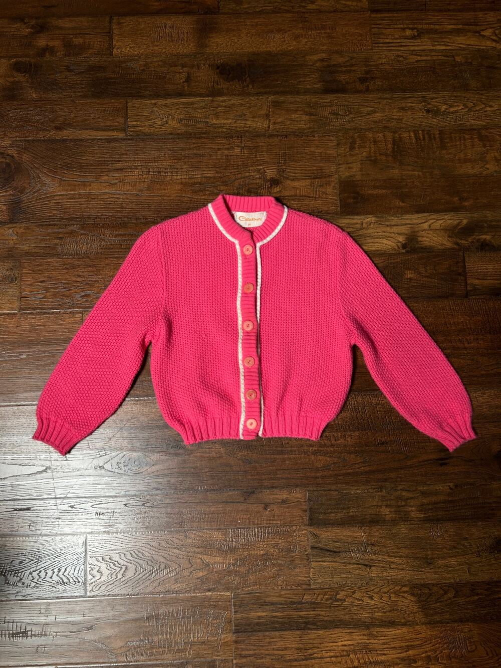 Vintage Catalina Knit Cardigan Bubblegum Pink White Trim Button Front Sweater S